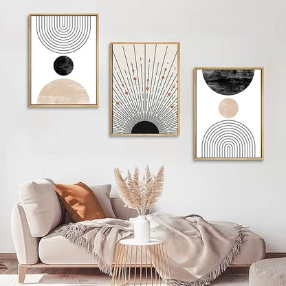 LOARTVE 3Pcs Beige Boho Wall Art Mid Century Modern Wall Decor Pictures Neutral Abstract Geometric Line Minimalist Canvas Posters Prints for Living Room Bedroom Office Home Decoration Unframed