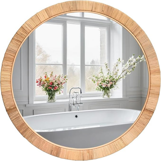 FUIN 25" Boho Chic Round Rattan Mirror - Handmade Wicker Frame - Perfect for Rustic Farmhouse Décor