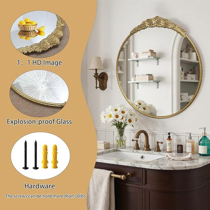 Growsun Round Wall Mirror with Vintage Gold Floral Frame – 28 Inch Decorative Wall Mirror for Living Room, Bedroom, Entryway, Bathroom Vanity – Elegant Antique Accent Home Décor