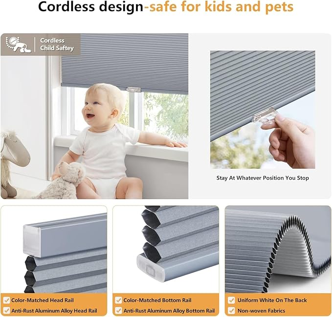 LazBlinds Cordless Cellular Shades, Blackout Privacy Honeycomb Shades for Home, Thermal Insulation Noise Reduction Blinds for Windows, 28'' W x 48'' H, Dark Grey