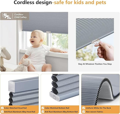 LazBlinds Cordless Cellular Shades, Blackout Privacy Honeycomb Shades for Home, Thermal Insulation Noise Reduction Blinds for Windows, 25'' W x 48'' H, Dark Grey