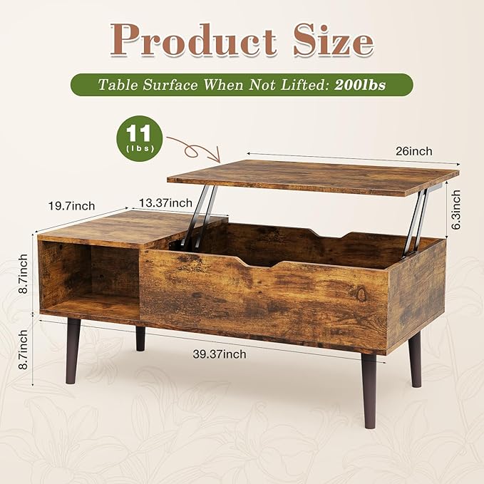 OLIXIS Wooden Coffee Table, Lift Top Coffee Table with Large Hidden Compartment and Ample Storage Shelf, Lift Tabletop Dining Table for Living Room, Home Small Space, Rustic
