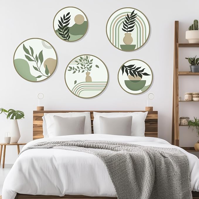 Zzbakress 5 Pcs Boho Wall Decor Farmhouse Wooden Round Bathroom Decor Vintage Bohemian Wall Hanging Decor for Living Room Modern Geometric Wall Decoration Aesthetic Minimalist Wooden Wall Art for Bedroom Apartment Office (Greenery, 5)