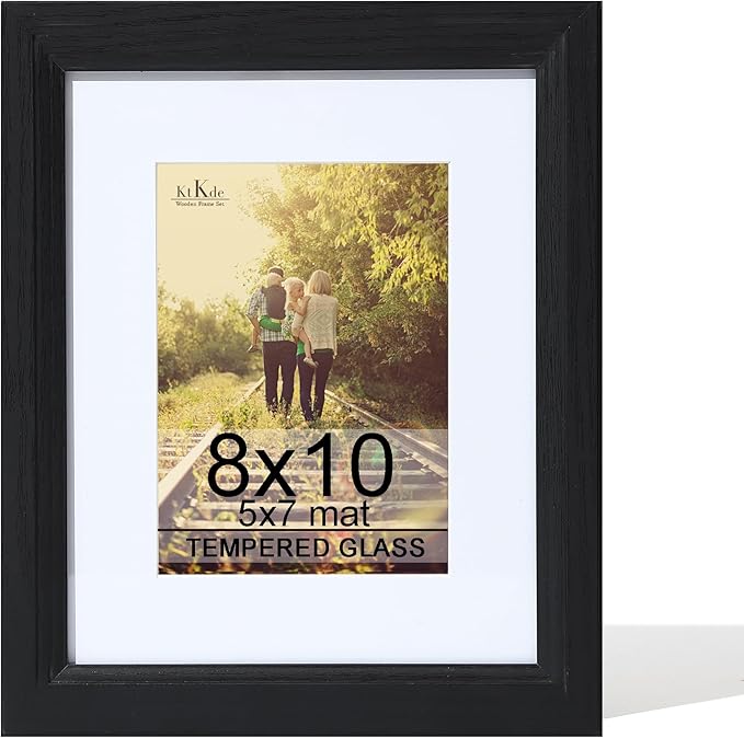 KTKDE 8x10 Picture Frame Real Glass, Display Pictures 5x7 with Mat or 8x10 Without Mat, Modern Style Wood Composite Frame,Black Gallery Wall Frame & Table Top Display，best gift