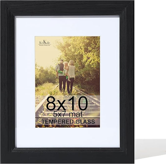 KTKDE 8x10 Picture Frame Real Glass, Display Pictures 5x7 with Mat or 8x10 Without Mat, Modern Style Wood Composite Frame,Black Gallery Wall Frame & Table Top Display，best gift