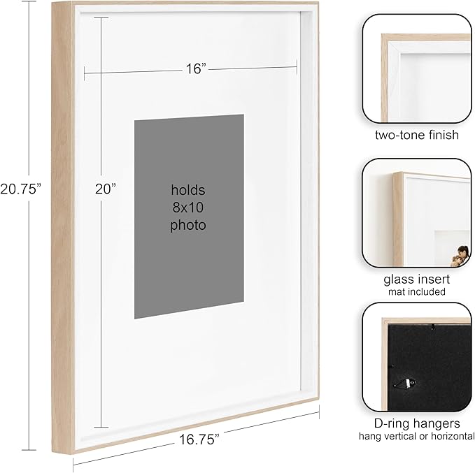 Kate and Laurel Gibson Modern Wall Picture Frame Set of 3; 16x20 matted to 8x10; White and Natural; Modern Three-Piece Frame Set for Gallery Wall Frame Set in Living Room Wall Decor