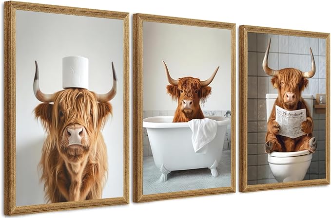 FYLDPSB 3Pcs Framed Highland Cow Bathroom Canvas Wall Art, Funny Bathroom Signs Animal Wall Decor, Rustic Cute Bathroom Poster Prints for Bathroom Restroom Decor 24''L x 16''W