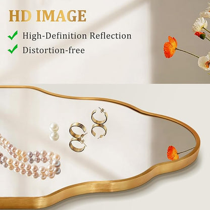 Scalloped Mirror for Bathroom - 20"x36" Gold Bathroom Mirror with Aviation Aluminum Alloy Frame & Shatter-Proof Glass for Living Room Bedroom Entryway, Brushed Gold Frame(x1)