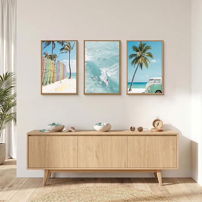 KAIRNE Ocean Beach Framed Canvas Wall Art Set, Coastal Seascape Surfboard Wall Decor, Modern Palm Tree Art Prints, Summer Surfing Blue Artwork for Living Room, Bedroom, Farmhouse, Office-24 x36 x3