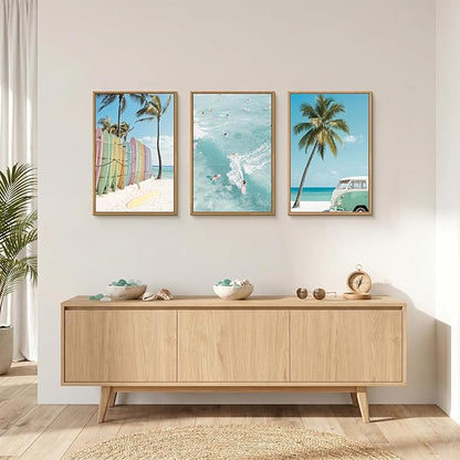 KAIRNE Ocean Beach Framed Canvas Wall Art Set, Coastal Seascape Surfboard Wall Decor, Modern Palm Tree Art Prints, Summer Surfing Blue Artwork for Living Room, Bedroom, Farmhouse, Office-24 x36 x3