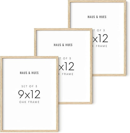 HAUS AND HUES Beige Oak Wood 9x12 Picture Frame - Modern Wood Wall Art Display - Lightweight 9x12 Frame for Art Prints, Photos, Posters - Ready-to-Hang Vertically & Horizontally (Set of 3)