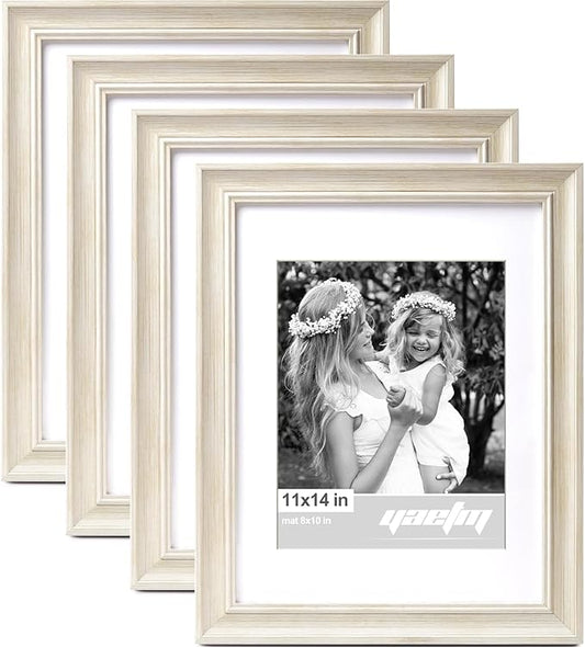 Yaetm 11x14 Picture Frame with Mat for 8x10 Set of 4, 1.4" Wide Molding & Rustic White Photo Frames 11 x 14 with Tempered Glass for Wall Gallery, Home and Office, Wall Mount (4 Pack, White)