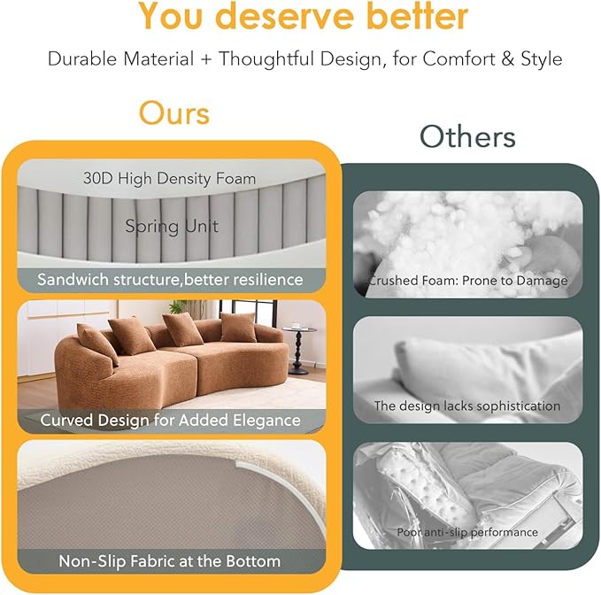 KEIKI Curved Chenille Modular Sectional Couches with Pillows, 4 Seater Oversized Upholstered Luxury Plush Cloud Sofa for Living Room Apartment, Caramel