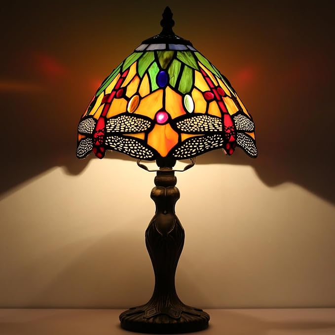 Tiffany Style Lamp Stained Glass Table Lamp 8 x 14.5 Mini Accent Light Yellow Dragonfly Design Small Decorative Bedside Reading Memory Lamp