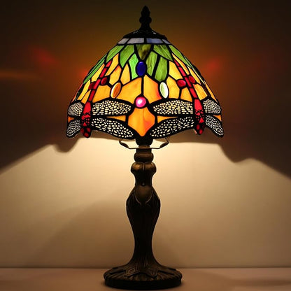 Tiffany Style Lamp Stained Glass Table Lamp 8 x 14.5 Mini Accent Light Yellow Dragonfly Design Small Decorative Bedside Reading Memory Lamp