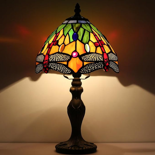 Tiffany Style Lamp Stained Glass Table Lamp 8 x 14.5 Mini Accent Light Yellow Dragonfly Design Small Decorative Bedside Reading Memory Lamp