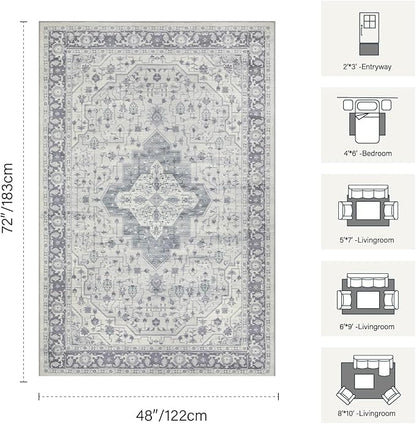 Rugxara Washable Area Rug for Living Room, Vintage Boho Rugs for Office, Dining Room, Kids Room, Farmhouse, Durable Low Pile Non Slip Carpet for High Traffic Areas, Blue Quartz(4x6ft)