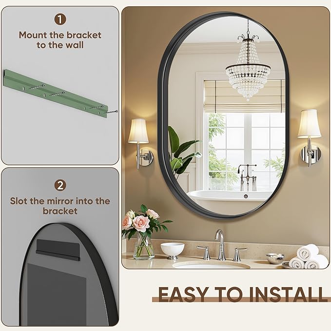 Oval Bathroom Mirror, 24x36 Inch Black Oval Wall Mirror with Metal Deep Frame, Mirrors for Wall Decor, Vanity, Entryway, Living Room, Horizontally/Vertically