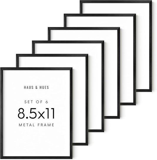 HAUS AND HUES 8.5x11 Black Metal Picture Frames - Features Premium Aluminum, Vertical & Horizontal Hang, Shatterproof Plexiglass - Perfect for Home, Room, Office (8.5x11 in, Black, Set of 6)