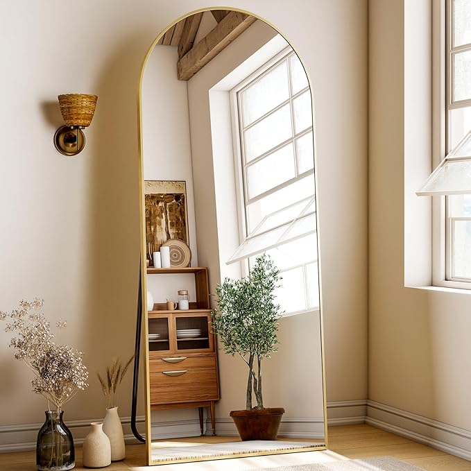 XRAMFY 24x68 Arched Full Length Mirror Floor Mirrors with Aluminum Alloy Frame Free-Standing Wall Mounted Floor Mirrors or Large Dressing Mirror, Gold Mirror Full Length
