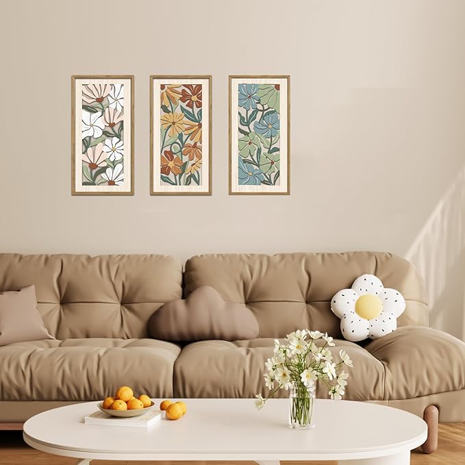 KAIRNE Vintage Colorful Floral Wooden Wall Art Set of 3,Abstract Boho Wood Decoration,Mid Century Modern Flower Wall Decor,Minimalist Wildflower Artwork for Living Room Bedroom Office,8X16 inch