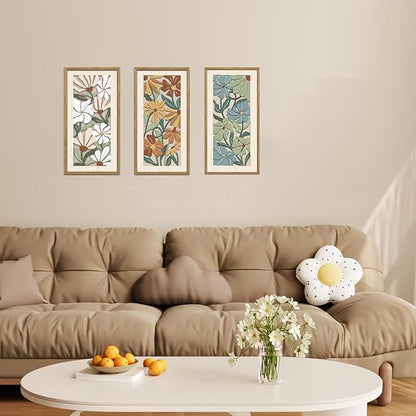 KAIRNE Vintage Colorful Floral Wooden Wall Art Set of 3,Abstract Boho Wood Decoration,Mid Century Modern Flower Wall Decor,Minimalist Wildflower Artwork for Living Room Bedroom Office,8X16 inch