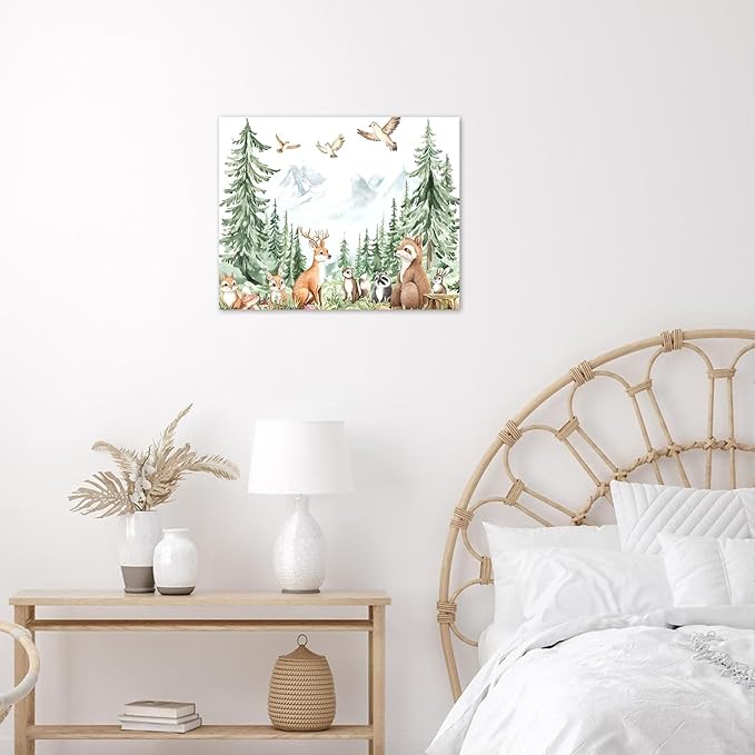 LB Rustic Woodland Animal Wall Art Green Forest Mountain and Wild Animals Canvas Wall Art Cute Kids Wall Decor for Nursery and playroom Bedroom Living Room Bathroom Framed Ready to Hang 8L x 10W
