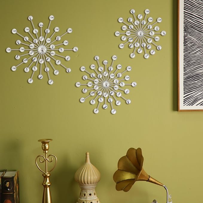Barydat 6 Pcs Metal Starburst Wall Decor Bling Crystal Wall Art Rhinestone Sunburst Home Decoration No Punch Starburst Hanging Diamond Accents for Living Room Bedroom(25cm, 20cm, 15cm,Silver)