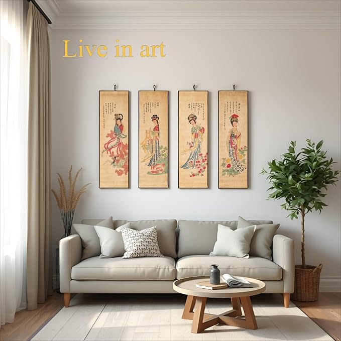 Large Japanese Geisha Woman Wall Art Framed Painting Decor, Four Panel Figure Artwork Old Japan Scroll For Home Sushi Restaurant Walls Hanging