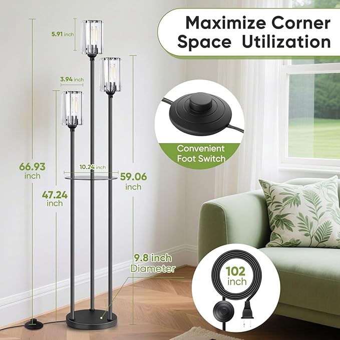 Crystal Floor Lamp for Living Room with Shelves, Industrial Modern Standing Black Lamp with Table for Bedroom, Glass Vintage Unique Tall 3-Lights Fancy Lamp with ON/Off Foot Switch
