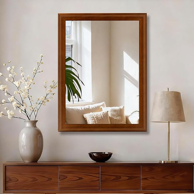30 x 40 Inch Rustic Bathroom Mirror for Wall Over Sink, Farmhouse Wood Framed Brown Rectangle Mirrors with Tempered Glass for Living Room, Horizontal/Vertical Hanging