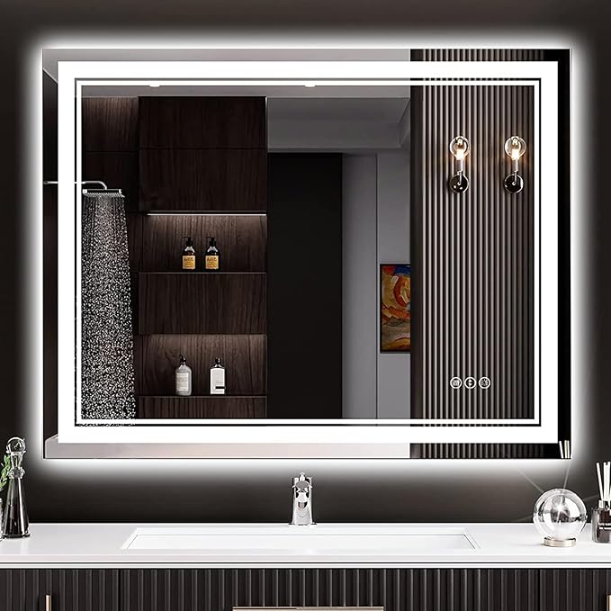 30x36 LED Bathroom Mirror with Lights, Backlit and Front Lit Anti-Fog Lighted Vanity Mirrors for Bathroom Wall, Dimmable, 3-Color Light, Memory, Shatter-Proof, HD Tempered Glass, CRI＞90