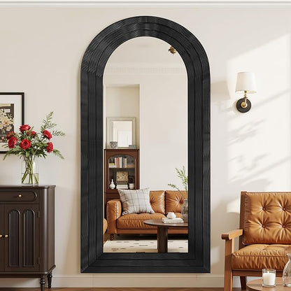 Antok Full Length Mirror with Solid Wood Frame, 81"×41" Wall Mounted Oversized Floor Mirror with Stand, Leaning Standing Hanging for Bedroom Living Room Entryway, Black, Arched Syle