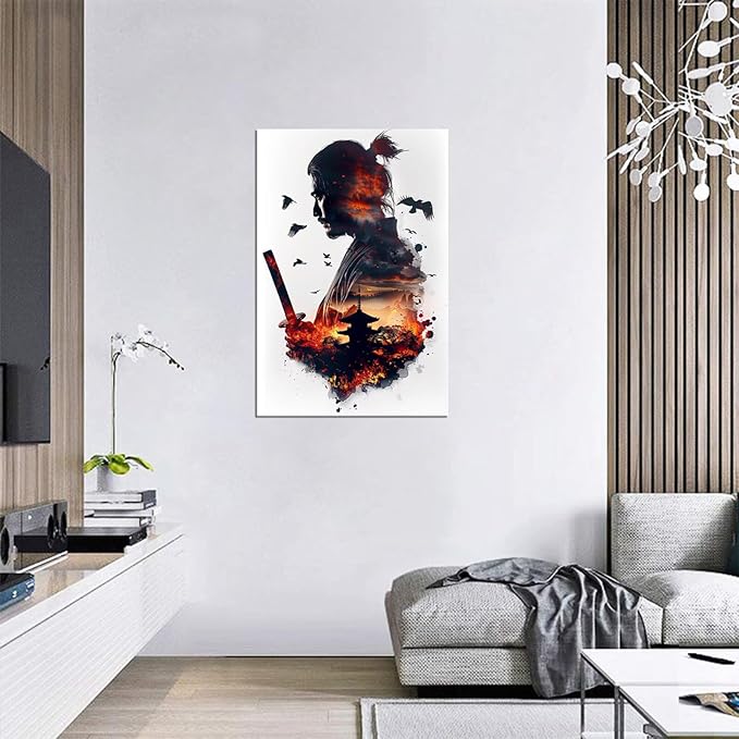 Japanese Samurai Canvas Wall Art Prints Armored Knights Wall Decor Canvas Painting Medieval Poster Framed for Living Room Bathroom Bedroom Office Home Decor Framed (28''W x 44''H)