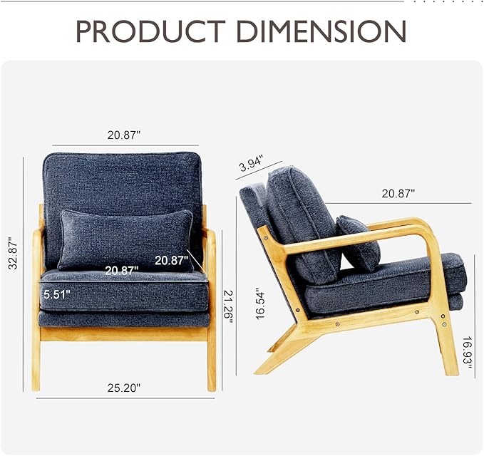 MALOL Accent Chair with Solid Wood Frame, Mid-Century Relaxing Armchair Lumbar Pillow& Soft Cushion, Reading Leisure Chair for Living Room, Bedroom, Waiting Room-Blue