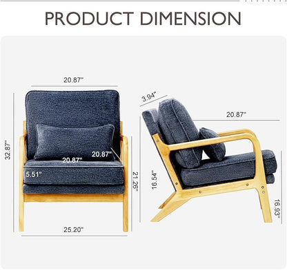 MALOL Accent Chair with Solid Wood Frame, Mid-Century Relaxing Armchair Lumbar Pillow& Soft Cushion, Reading Leisure Chair for Living Room, Bedroom, Waiting Room-Blue