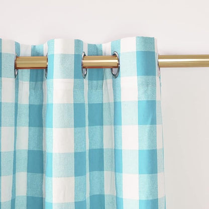 3 Pc Cotton Classic Country Farmhouse Kitchen Window Curtain Grommet Top -Sky Blue & White Buffalo Check Tier & Valance Set, 54" x 18" / 32" x 36"