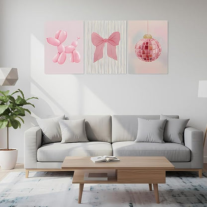 Yxjyzzkx Pink Cute Wall Art Set of 3 – Aesthetic Canvas Prints for Girls Room, Nursery & Kids Bedroom, Pink Bow Balloon Dog Chandelier Artwork, Modern Kawaii Wall Decor
