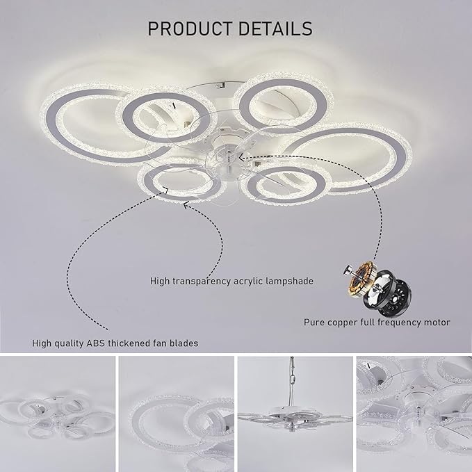 76CM Smart Ceiling Light with Fan DC Motor 6 Gear Reversible Bedroom Ceiling Fan with Lighting LED Dimmable Quiet Modern Living Room Lamp with Fan (Color : White)