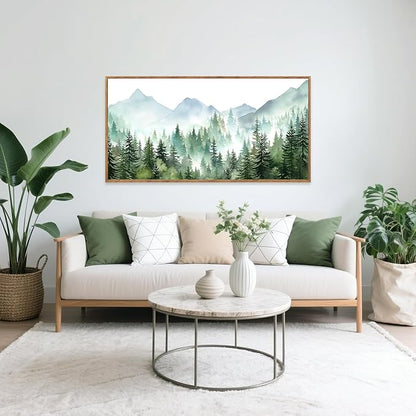 CHDITB Mountain Landscape Framed Canvas Wall Art(40"x20"), Boho Nature Forest Artwork Prints, Large Abstract Modern Green Pine Trees Art Decor for Bedroom Living Room Office