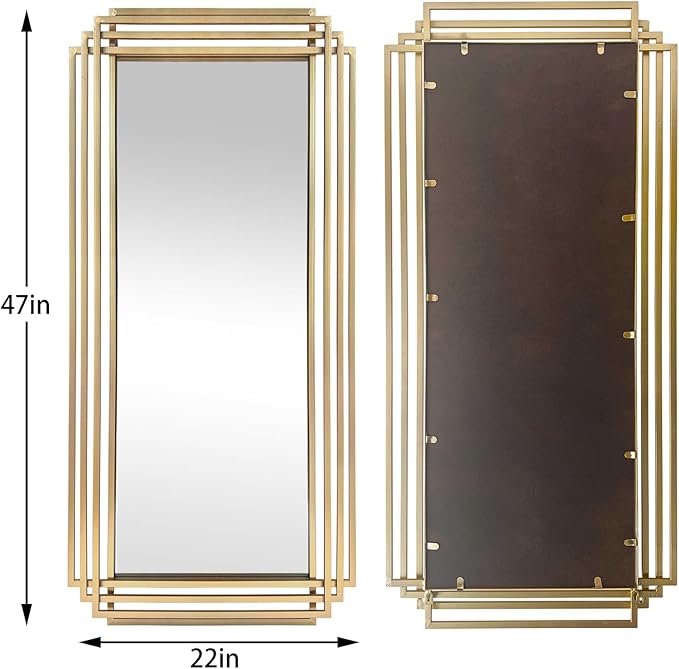 Gold Rectangle Mirror, 47"x22" Geometric Art Deco Mirror with Metal Frame, Modern Elegant Wall Mirrors for Living Room Bathroom Bedroom Entryway Hallway, Hangs Vertically or Horizontally