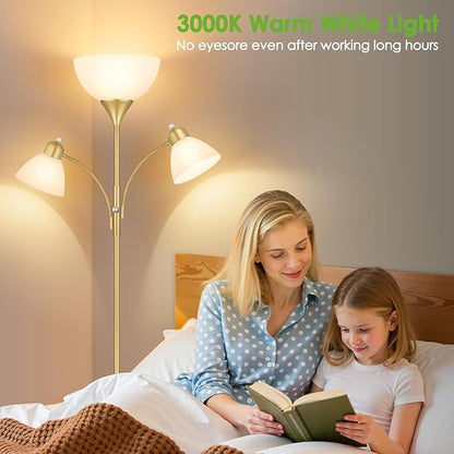 Coucrek Floor Lamp for Living Room,72" Dimmable Torchiere Lamp with 2 Reading Lights for Bedroom, Gold Tall Standing Room Lamp, 3 Bulbs Included