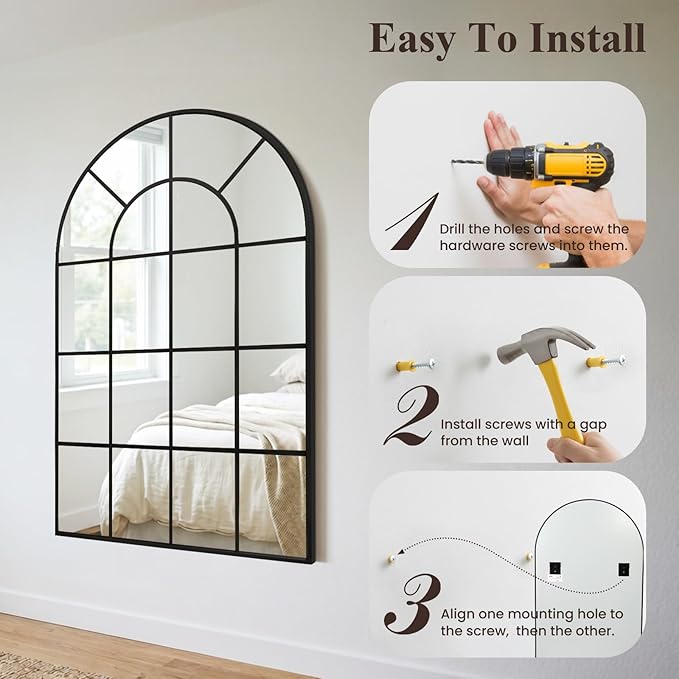 Anpark Arched Windowpane Wall Mirror 30"x48" Black Wall Mounted Art Pane Mirror Farmhouse Decorative Mirror Leaning Hanging Wall Mirror for Bedroom Living Room Entrance Hallway Wall Decor