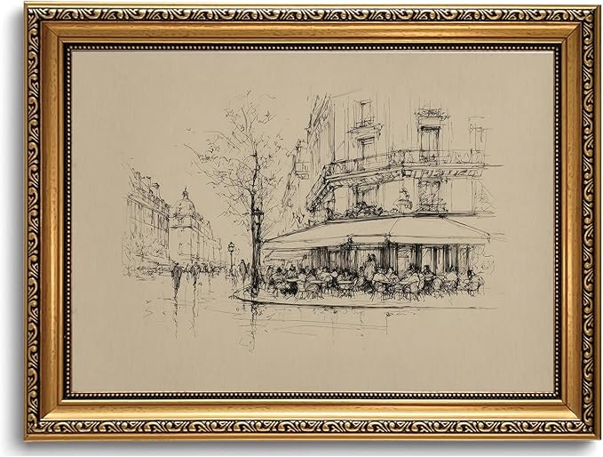 WZGZXU Vintage Gold Framed Wall Art Autumn Paris Cafe Wall Decor French Bistro Canvas Art Paintings Street Sketch Picture Antique Drawing Artwork For Dining Room Kitchen 12x16in