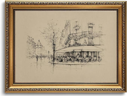 WZGZXU Vintage Gold Framed Wall Art Autumn Paris Cafe Wall Decor French Bistro Canvas Art Paintings Street Sketch Picture Antique Drawing Artwork For Dining Room Kitchen 12x16in