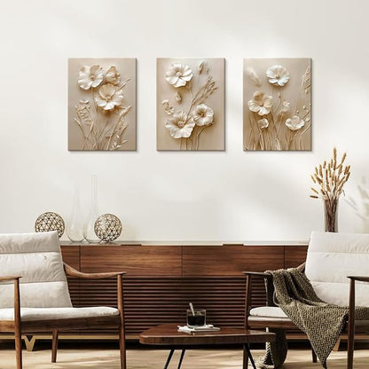 WENGTIAO 3Pcs Beige Flower Canvas Wall Art Prints Neutral Floral Plant Wall Painting Minimalist Botanical Blossom Poster Picture Vintage Artwork Home Decor for Living Room Bedroom Office 20”x28”x3Pcs