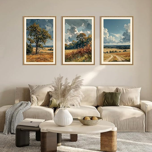 KAIRNE Nature Landscape Framed Canvas Wall Art Set,Watercolor Countryside Forest Wall Decor,Blue Green Scenery Art Prints,Rustic Wilderness Artwork for Living Room,Bedroom,Farmhouse,Office-16 x24 x3