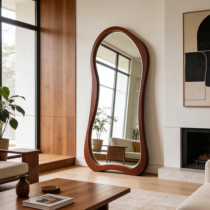Large Irregular Mirror, 67"x31.5" Asymmetrical Full Length Mirrors with Solid Wood Frame, Premium Aesthetic Floor Mirror for Living Room Entryway Hallway Bedroom Cloakroom, Leaning/Hanging