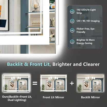 55x36 LED Bathroom Mirror with Lights, Backlit and Front Lit Anti-Fog Lighted Vanity Mirrors for Bathroom Wall, Dimmable, 3-Color Light, Memory, Shatter-Proof, HD Tempered Glass, CRI＞90