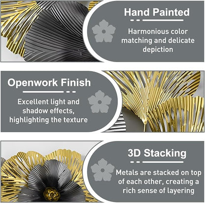 edaknez Extra Large Metal Wall Art, Metal Wall Decor for Living Room, 3D Flower Leaves Wall Decoration, Coastal Nautical Wall Hanging Sculpture, for Indoor Outdoor Black & Gold (B 145x55x6cm)